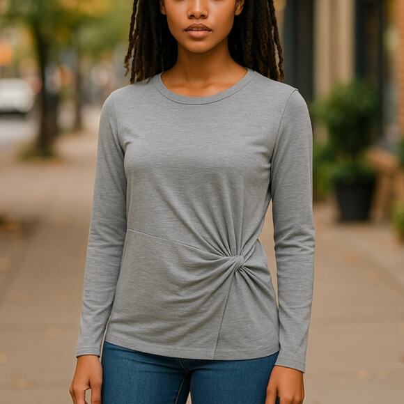 Athleta Nirvana Light Grey Heather Long Sleeve Twist Front Top - Picture 1 of 9